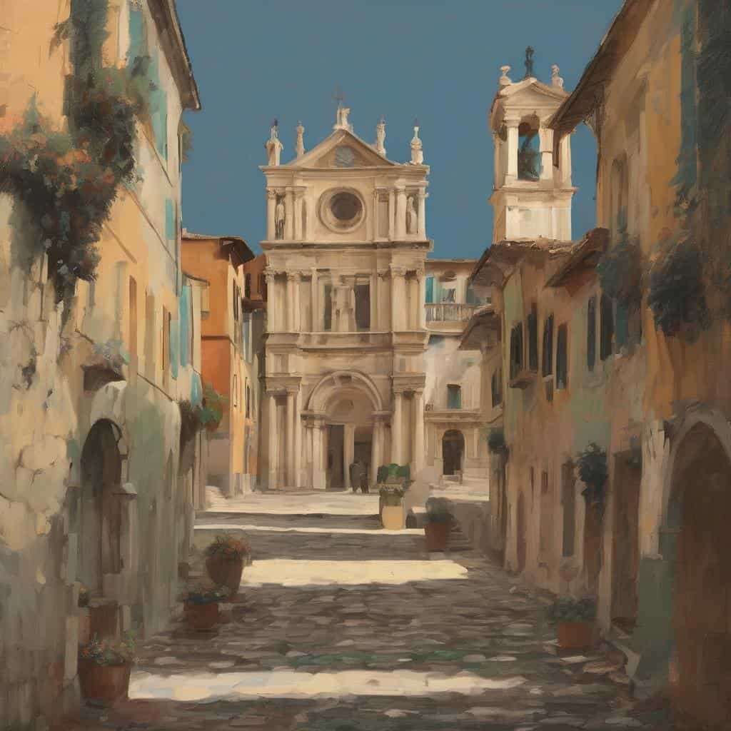 Κατασκευή καθεδρικού ναού, αρχιτεκτονική γραμμής και κίνησης σε ιστορική ευρωπαϊκή πλατεία, ψηφιακό πίνακα σε παράδοση ζωγραφικής, με εστίαση στη δυναμική της αρχιτεκτονικής και την ενέργεια του χώρου.