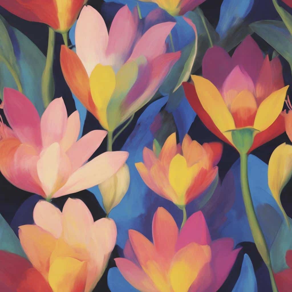 Ζωγραφιά με πολύχρωμα λουλούδια, γραμμές και κίνηση, εκφράζοντας ενέργεια και δυναμική μέσω της τέχνης.