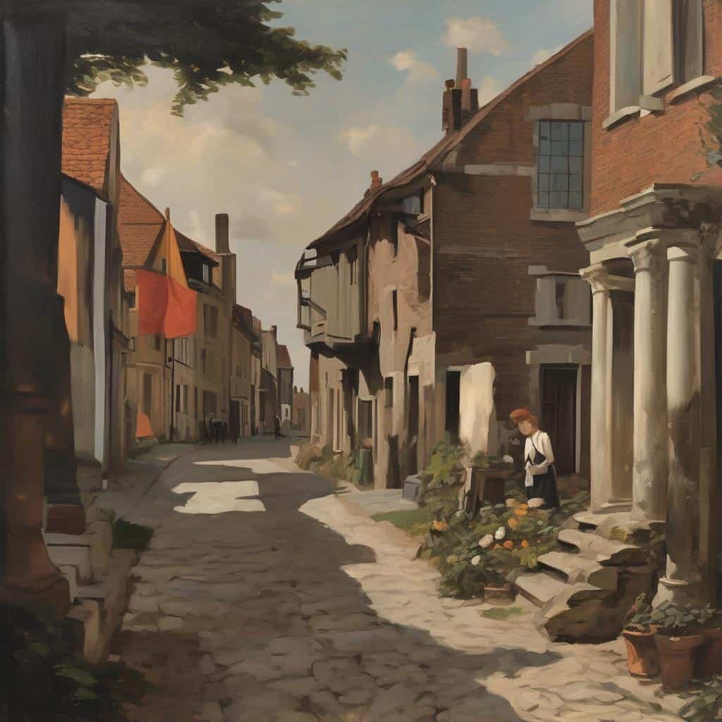 Άνθρωπος σε παραδοσιακή γειτονιά, ζωγραφική σκηνή με κίνηση και ενέργεια από τη διαδικασία της καθημερινότητας, εστίαση στη γραμμή και την κίνηση των κτιρίων και των ανθρώπων.