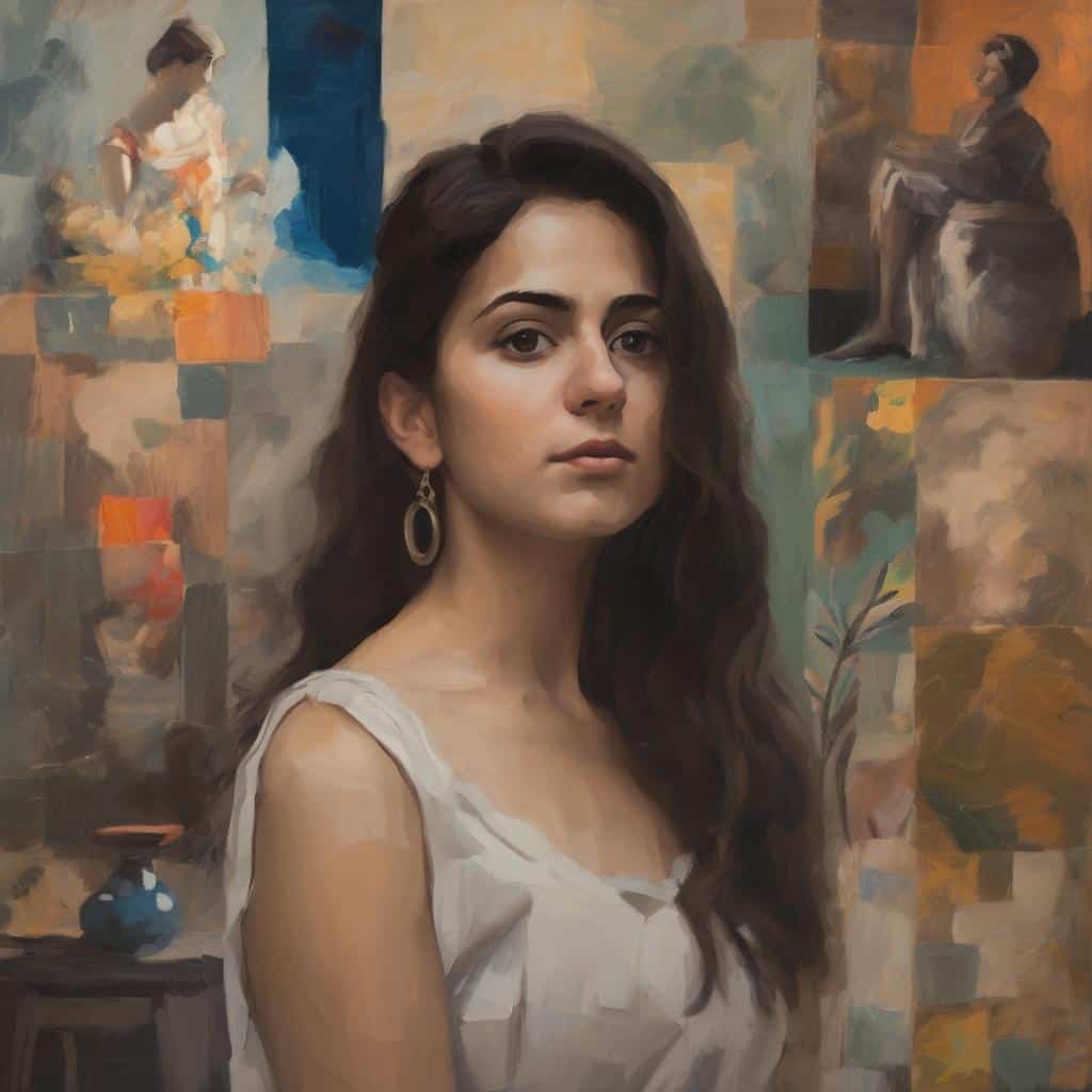 Λεπτομέρεια πορτρέτου νεαρής γυναίκας με μακριά καστανά μαλλιά και λευκό φόρεμα, σε καλλιτεχνικό στυλ ζωγραφικής, με φόντο πίνακα ζωγραφικής με ανθρώπινες μορφές και ζωγραφικά στοιχεία.