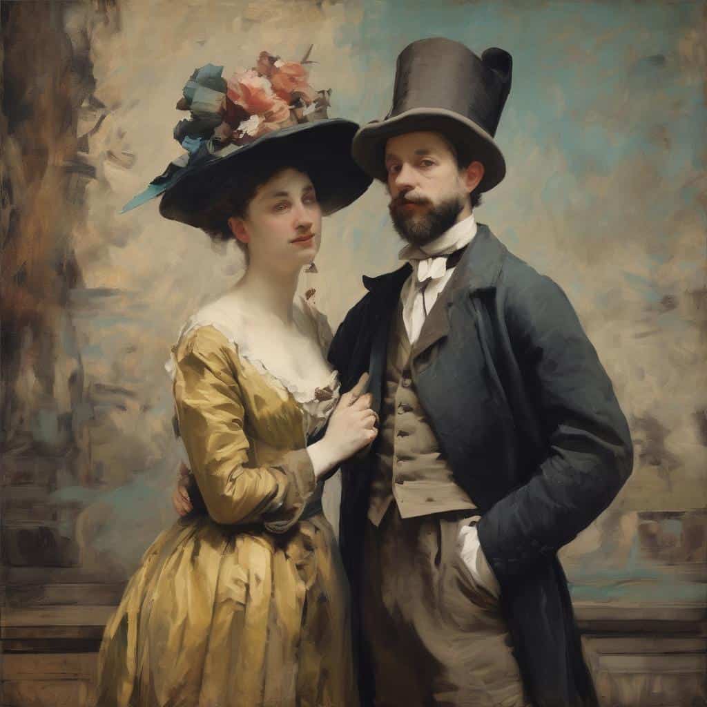 Παράσταση ανθρώπων με μοναδική ενέργεια γραμμής και κίνησης, ντυμένοι με ιστορική μόδα, αναδεικνύοντας την καλλιτεχνική δυναμική και τη ζωηρή κίνηση στις εικόνες τέχνης.