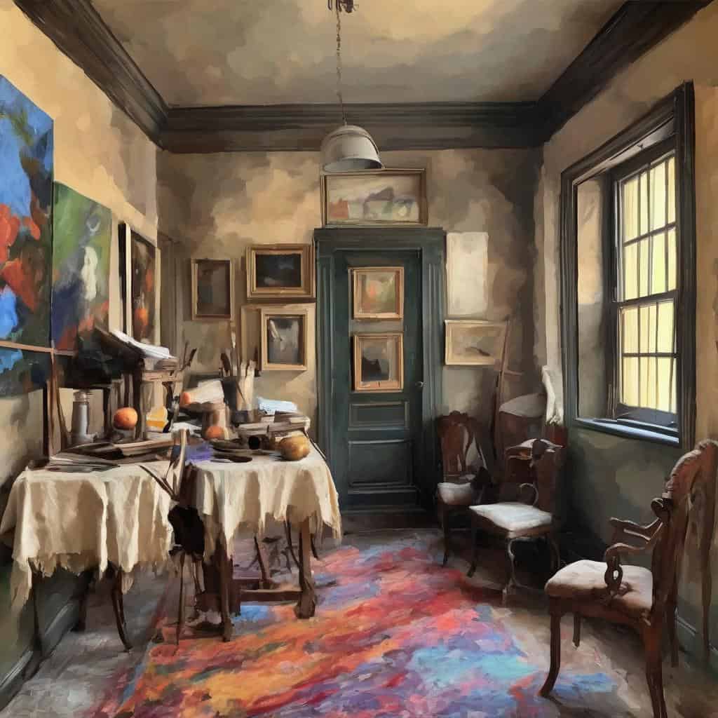 Ζωγραφική αναπαράσταση εσωτερικού χώρου με τέχνη και ενέργεια γραμμής, κίνηση και φως, όπου η δυναμική και η ρευστότητα της τέχνης αποτυπώνονται μέσα από μια ζωντανή και καλλιτεχνική ατμόσφαιρα.