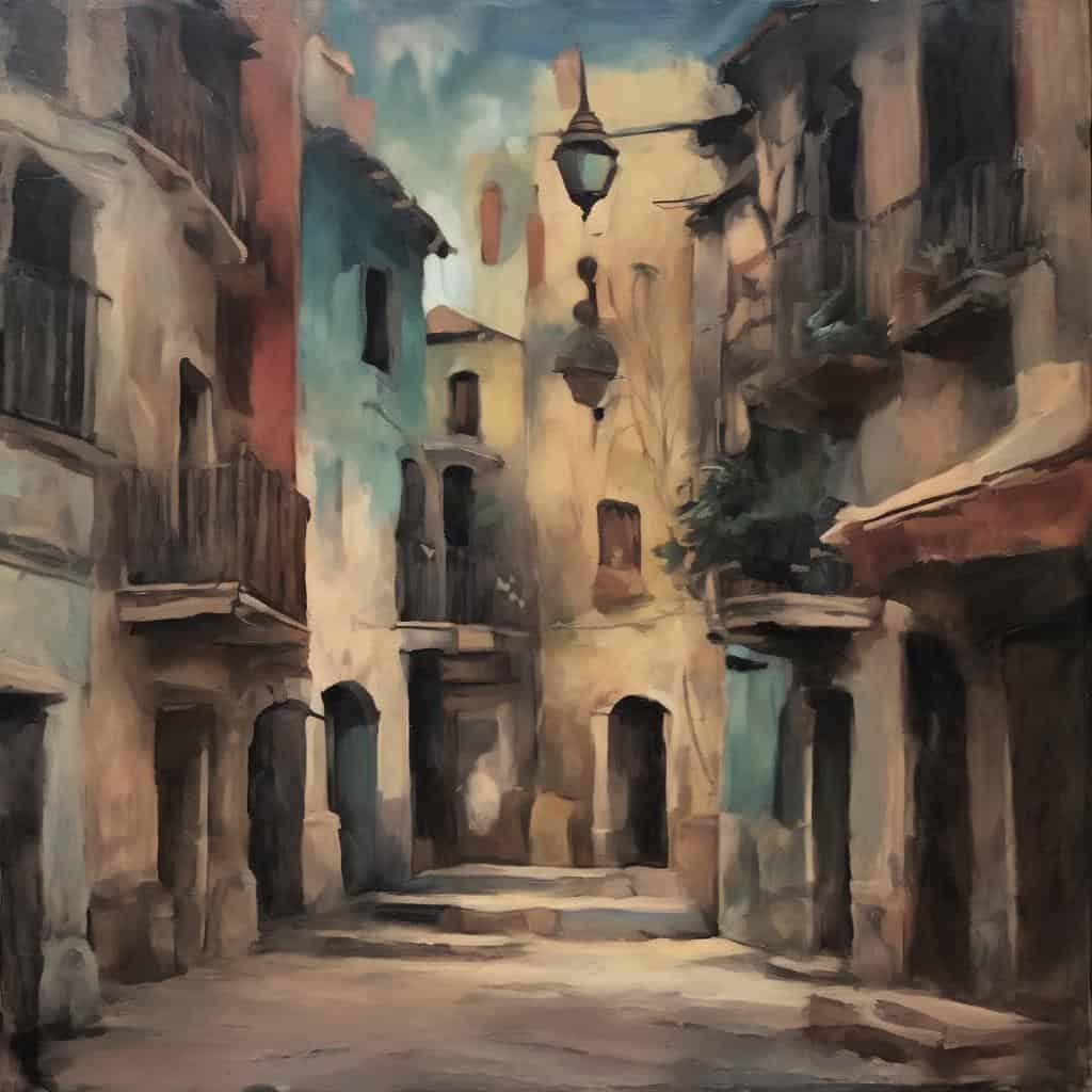 Ζωγραφική της ενέργειας της γραμμής και της κίνησης σε μια παλιά στενόδρομη γειτονιά με φανάρια, πολυκατοικίες και γραμμές διακόσμησης.