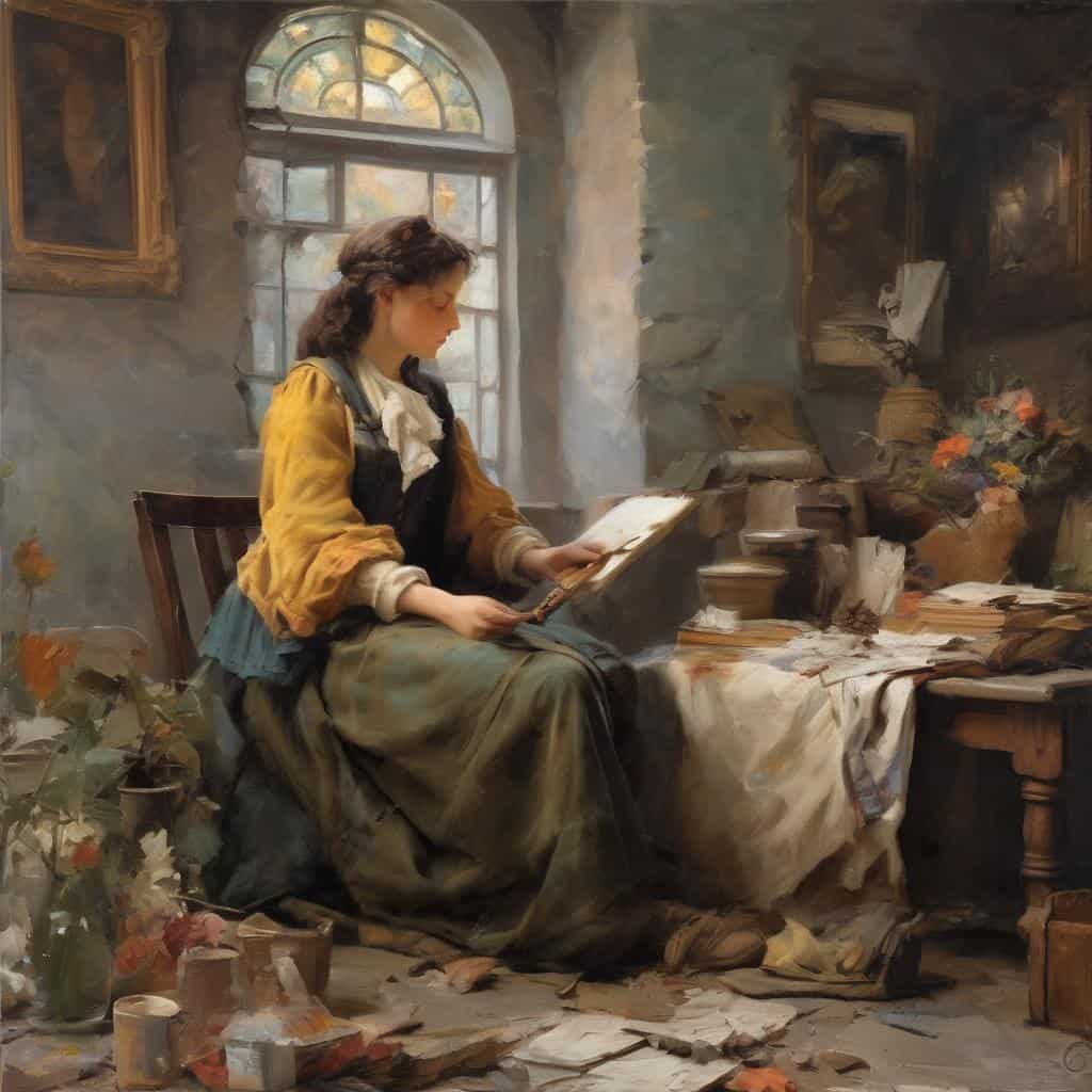 Ανθρώπινη γυναίκα καθισμένη σε παλαιά καρέκλα με βιβλίο στο χέρι, σε φωτεινό δωμάτιο με παράθυρο και παλιά έργα τέχνης.