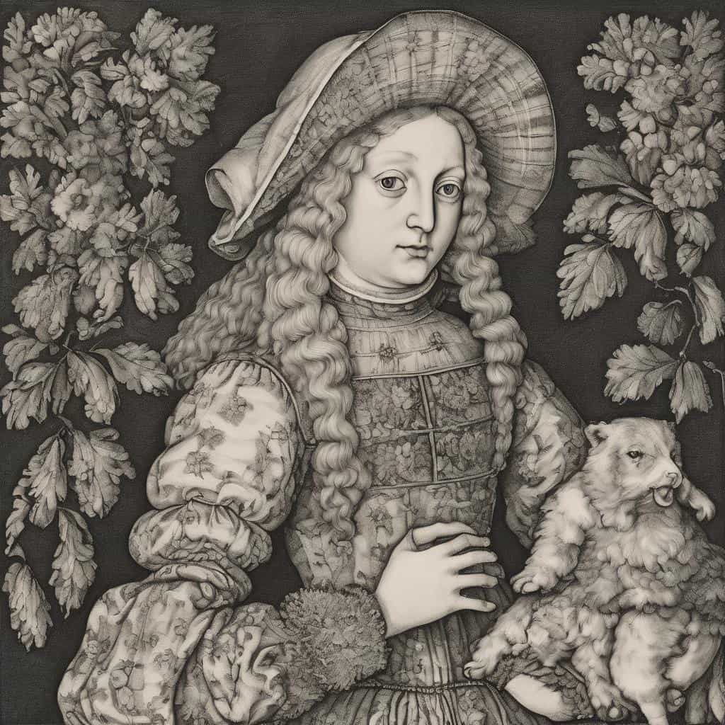 Ιερή γυναικεία μορφή με λεπτομέρειες γραμμής και κίνησης, συνοδευόμενη από λιοντάρι, σε ενορχήστρωση ενέργειας και γραμμικής κίνησης, που αναδεικνύουν την ενέργεια της γραμμής και της κίνησης σε τέχνη.